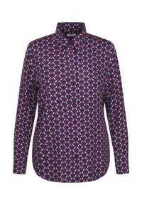 Long-sleeve button-up shirt in navy fabric featuring geometric heart pattern in red, pink, and cream. Classic collar and button closure.