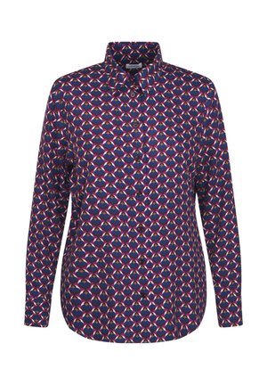 Langärmliges Button-Down-Hemd aus marineblauem Stoff mit geometrischem Herzmuster in Rot, Rosa und Creme. Klassischer Kragen und Knopfverschluss.