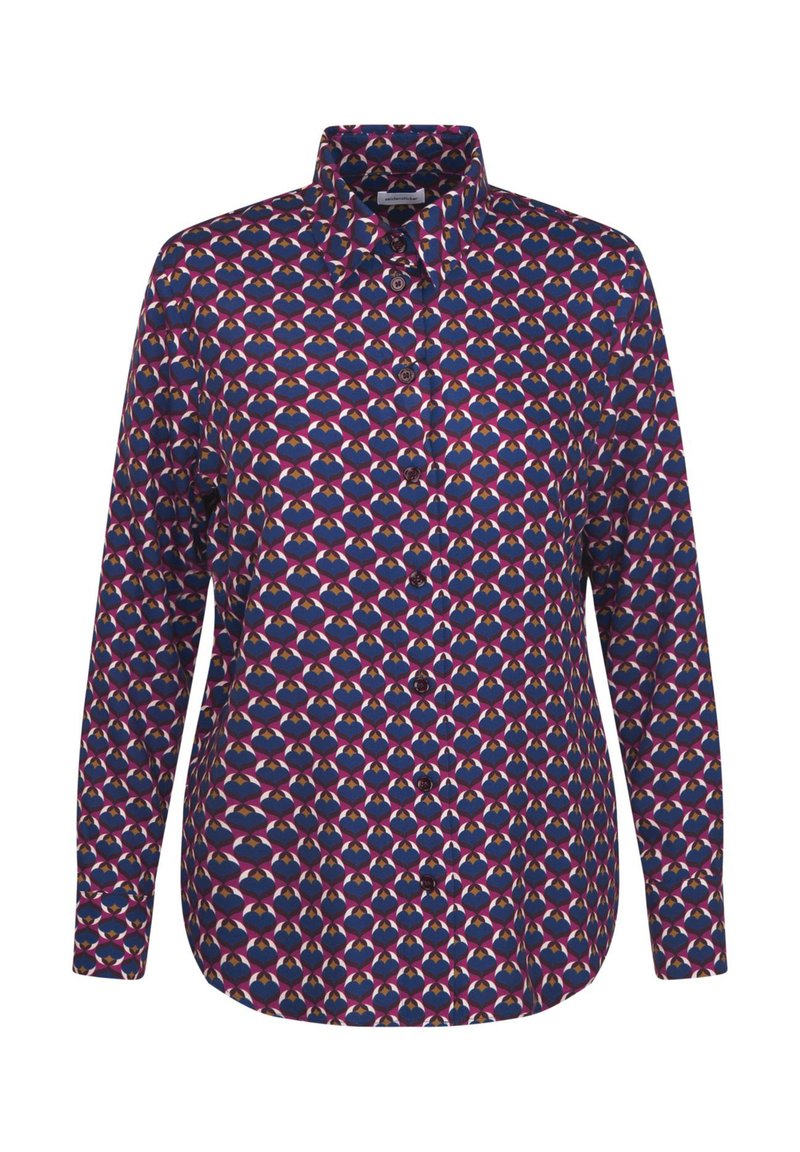 Long-sleeve button-up shirt in navy fabric featuring geometric heart pattern in red, pink, and cream. Classic collar and button closure.
