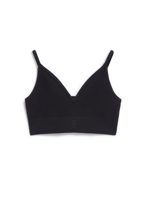 Zwarte draadloze bralette met een V-halsontwerp, gestructureerde stof, verstelbare bandjes en een rekbare band met een subtiel logo detail.