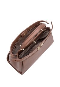 Borsa a mano in pelle marrone con texture, caratterizzata da una forma strutturata, hardware dorato, due manici superiori e un interno foderato in tessuto con scomparti.