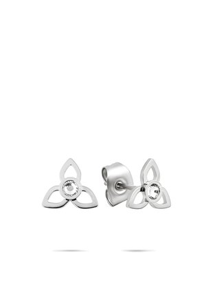 Silver stud earrings shaped like a three-petal flower with a clear round gemstone at the center of each.