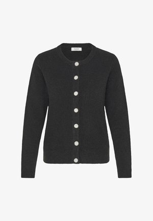 Must mustreid pehmekoest, ümmarguse kaelusega must kardigan, mille esiosas on kuus lillekujulist pärl-nuppu. Ühtlane tekstuur üle kogu toote.