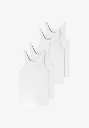 Cuatro camisetas de algodón blancas con tirantes anchos, una textura suave y un diseño simple y clásico. Cada camiseta es idéntica.