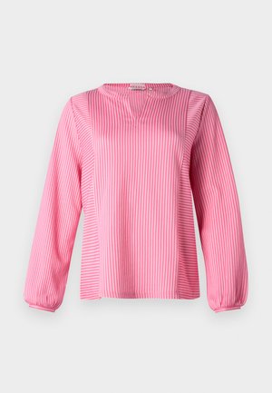 Rosa gestreifte Langarmbluse mit V-Ausschnitt, versehen mit gerafften Manschetten und lässigem Schnitt, aus einem glatten Stoff hergestellt.