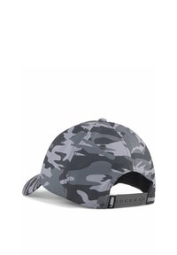Casquette de baseball camouflage grise avec une visière incurvée, une sangle réglable à l'arrière et un tissu texturé pour plus de durabilité.
