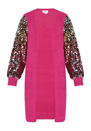 Cardigan lung în roz aprins, cu un corp texturat pufos și mâneci bufante cu paiete multicolore, dotate cu manșete din tricot. 