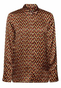 Chemise à manches longues en tissu lisse avec un motif géométrique noir, rouge et or, dotée d'un col classique et d'une fermeture à boutons.