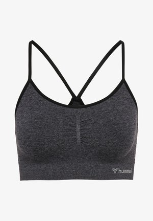 Donkergrijze sportbeha met een gladde textuur, voorzien van een racerbackontwerp en dunne zwarte bandjes. Inclusief geplooide details aan de voorkant.