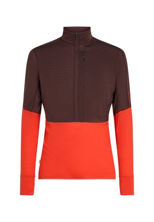 Heren langemouwen top met halve rits, burgundy bovenkant en feloranje ondergedeelte, met duimhole in de mouwen.