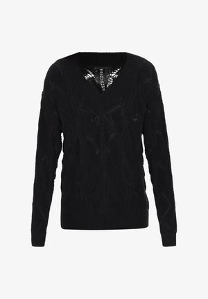 Suéter negro de punto con diseño de cuello en V, que presenta patrones de trenzas texturizadas y puños y dobladillo acanalados. Tejido ligero y transpirable.