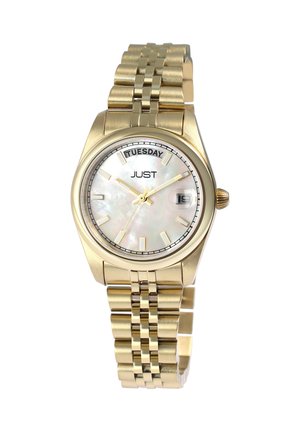 Gold-tone wristwatch with a round case, mother-of-pearl dial, blue minute markers, and linked metal bracelet. Features day and date display.