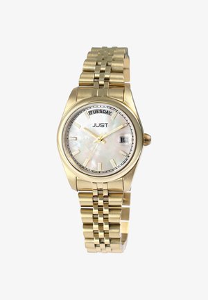 Gold-tone wristwatch with a round case, mother-of-pearl dial, blue minute markers, and linked metal bracelet. Features day and date display.
