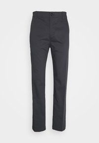 Black straight-leg trousers with button and zip closure, belt loops, and plain design on a white background.