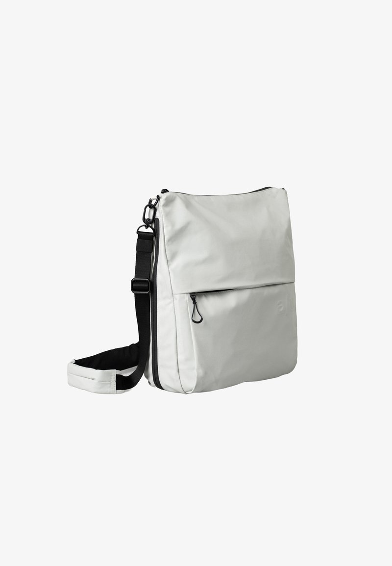 Hellgraue Umhängetasche mit schwarzem verstellbarem Riemen und vorderer Reißverschlusstasche, abgebildet vor weißem Hintergrund.
