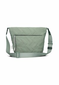 Borsa a tracolla trapuntata in morbido tessuto verde, con una tasca frontale con zip, tracolla regolabile e un sottile motivo a zigzag.