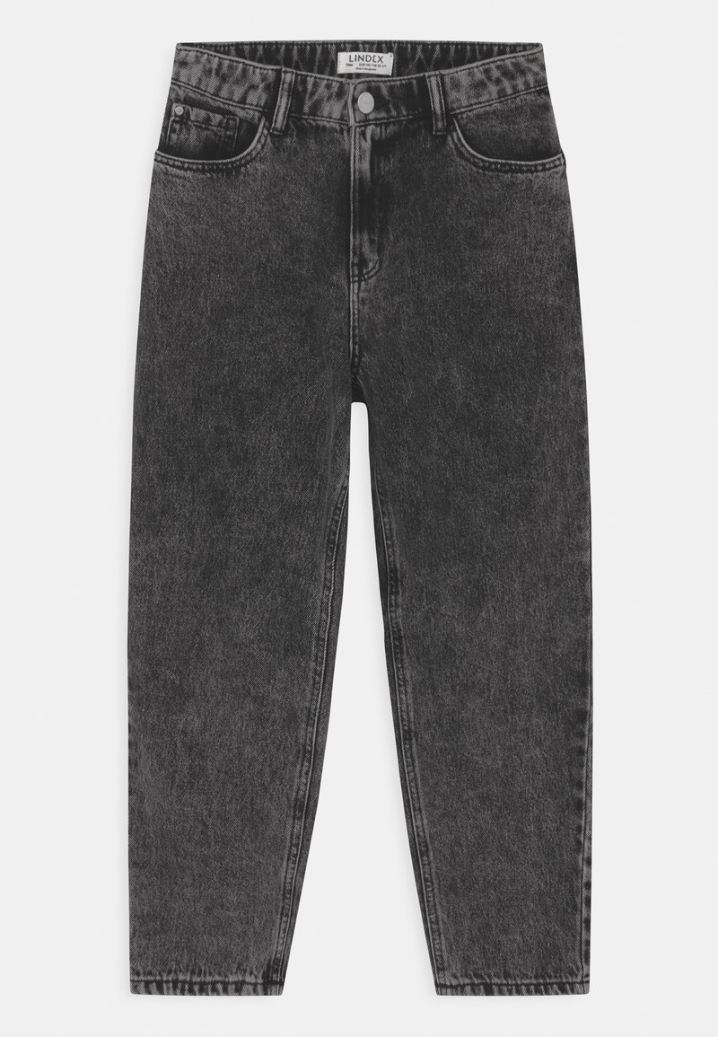Jeans en denim noir délavé taille haute avec bouton frontal, passants de ceinture et style cinq poches de Lindex, posés à plat sur un fond blanc.