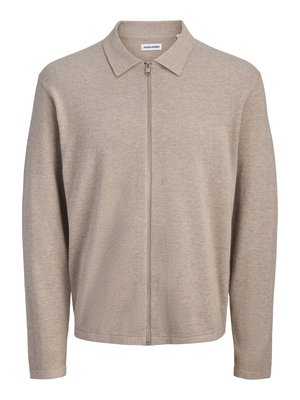 Beež pika varrukaga lukuga kampsun kraega, valmistatud pehmest kudumkangast, kaeluse siseküljel väike brändi silt.