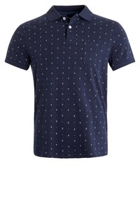 Polo shirt bleu marine avec col, ornée de petits motifs d'ancres blanches, à manches courtes et avec une poche poitrine. Matériau en coton, coupe décontractée.