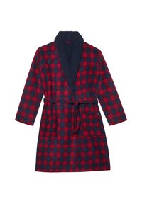 Karo-Robe mit roten und navy karierten Mustern, einem strukturierten navy Farbkragen, langen Ärmeln, einem Taillengurt und zwei Fronttaschen.