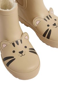 Stivali di gomma color beige con un design a faccia di tigre, con strisce nere e dettagli rosa; foderati in materiale morbido per un comfort ottimale.