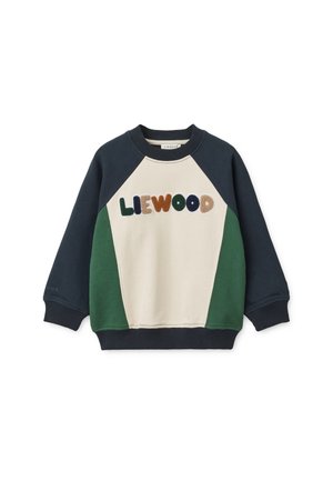 Sudadera con bloques de color en crema, azul marino y verde. Presenta un cuello redondo y la palabra "LIEWOOD" bordada en colores variados. Puños acanalados.