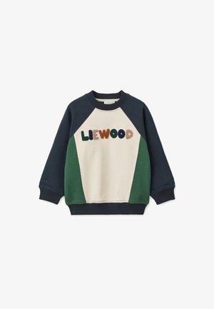 Sweat-shirt bicolore en crème, marine et vert. Doté d'un col rond et du logo brodé "LIEWOOD" en couleurs variées. Poignets côtelés.