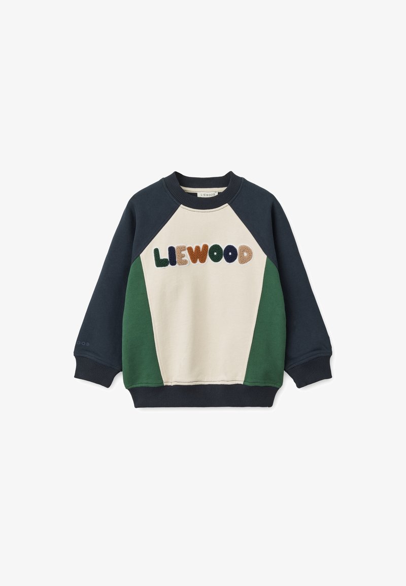 Sweat-shirt bicolore en crème, marine et vert. Doté d'un col rond et du logo brodé "LIEWOOD" en couleurs variées. Poignets côtelés.