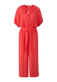 Rode jumpsuit van lichtgewicht stof, met een ronde hals, een sleufdetail, een elastische tailleband en een strikceintuur met brede pijpen.
