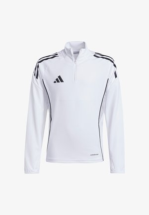 Biały długi rękaw sportowy polar z pół-zipem, czarnymi akcentami i trzema czarnymi paskami na ramionach. Posiada logo "AEROREADY".