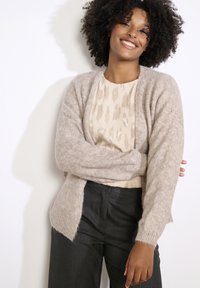 Smaidoša sieviete ar viļņainiem matiem, ģērbusies bežā rakstainā bluzē, gaišbrūnā kardigānā un tumšās biksēs, stāv uz baltas fona.