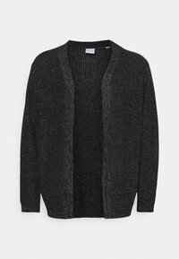 Svart cardigan med en texturerad stickad design, öppen front och en subtil lyster. Har långa ärmar och en avslappnad passform.