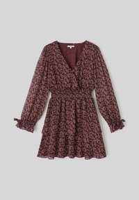 Robe bordeaux avec motif floral, décolleté en V, taille élastique, et longues manches bouffantes avec fronces. Jupe superposée avec ourlet volanté. Tissu léger.