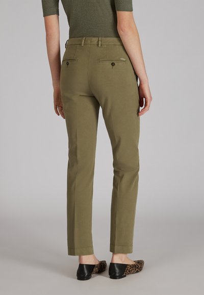 Pantalones tapered verde oliva con bolsillos traseros con tapeta y cierres de botón, combinados con bailarinas negras con estampado de leopardo, textura de tela suave.