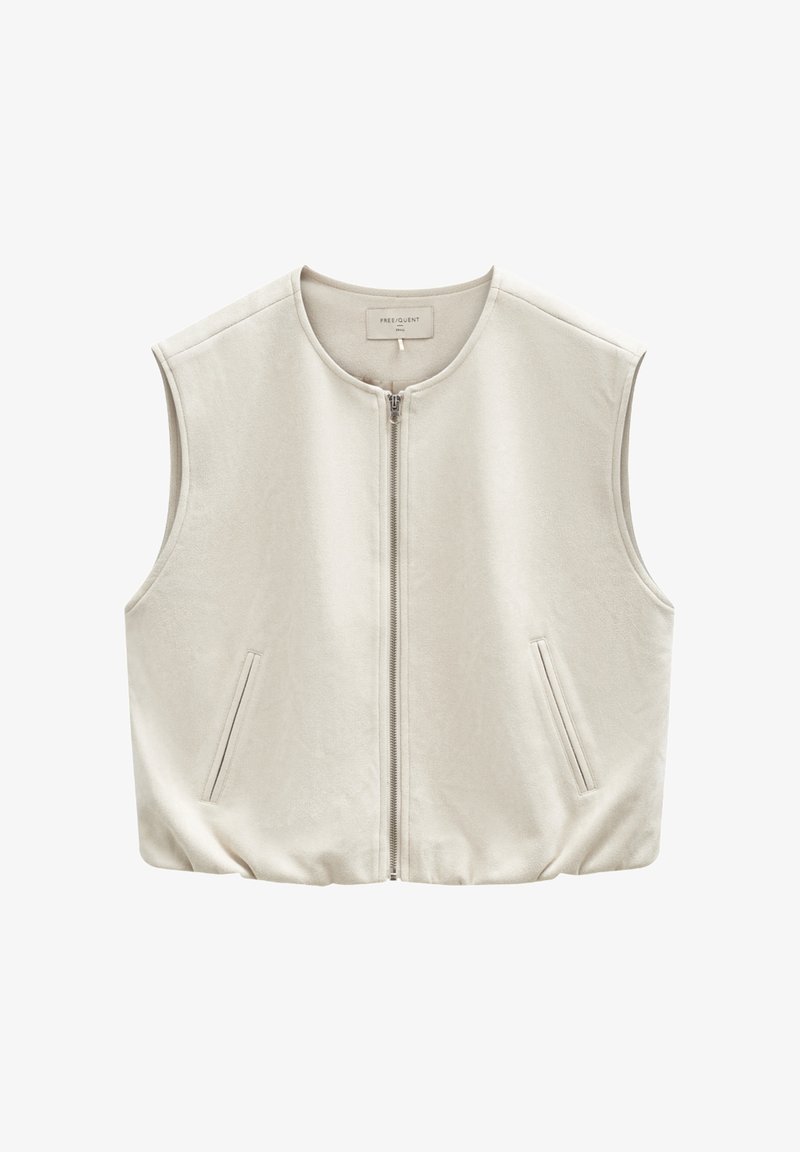 Sleeveless beige zip-up vest with round neckline and two vertical front pockets, made of soft fabric.
