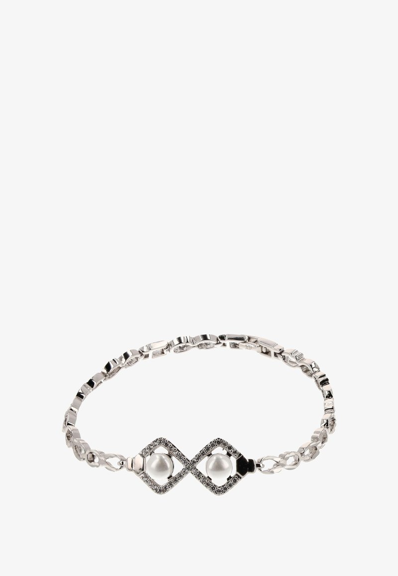 Ezüst karkötő láncszerű kialakítással, két kerek fehér gyönggyel és gyémánt alakú díszítéssel, apró fekete kövekkel ékesítve.