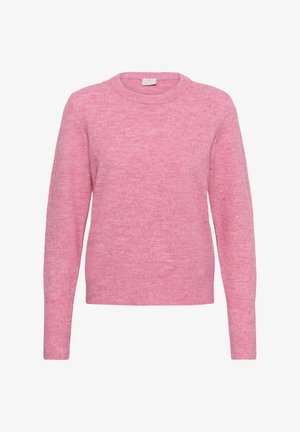 Pulover tricotat roz cu decolteu rotund, mâneci lungi și o textură moale. Are o croială clasică, potrivită pentru a fi purtat în straturi.