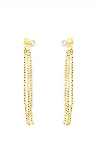 Guldstiftörhängen med klara runda kristaller och tre hängande kedjor av små guldpärlor på varje örhänge.