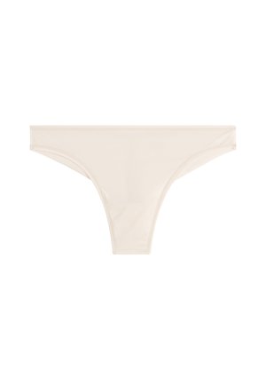 Beige stringtrosa med slät textur, med tunna sidor och minimal täckning. Tillverkad av stretchigt tyg för komfort.
