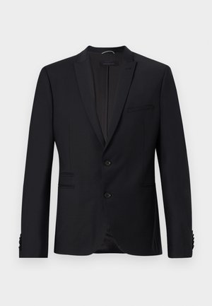 Blazer negro con solapas muestradas, dos botones y dos bolsillos frontales. Presenta una tela texturizada y botones decorativos en las mangas.