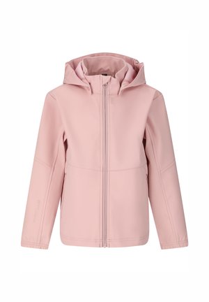 Lyserød hættejakke med frontlynlås og sidelommer, lange ærmer og elastiske manchetter, vist på en ensfarvet hvid baggrund.