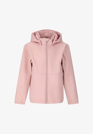 Roze gewatteerde jas met capuchon, ritssluiting aan de voorkant en zijzakken, lange mouwen en elastische manchetten, afgebeeld tegen een effen witte achtergrond.