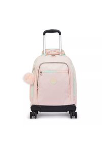 Valigia rosa con ruote nere, tasca frontale con zip, dettagli verde menta e un pompon soffice attaccato alla zip.
