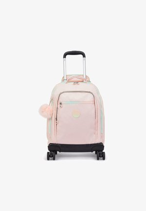 Rosa rolkoffer met zwarte wielen, een ritsvak aan de voorkant, mintgroene accenten en een fluffy pompon aan de rits.