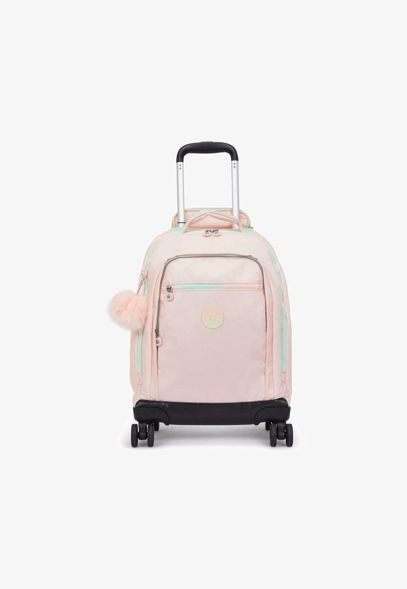 Rosa Rollkoffer mit schwarzen Rädern, einer Reißverschlusstasche auf der Vorderseite, mintgrünen Akzenten und einem flauschigen Pompon, der am Reißverschluss befestigt ist.