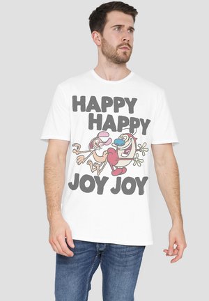 White cotton t-shirt featuring cartoon characters with the text "HAPPY HAPPY JOY JOY" in large gray letters. Soft texture, short sleeves.