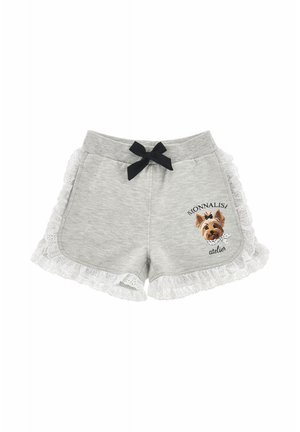 Pantaloncini per bambini grigio chiaro con bordo in pizzo bianco, fiocco nero in vita e grafica di volto di cane con testo "Monnalisa atelier" sul davanti.