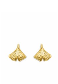Pendientes de hoja de ginkgo en tono dorado, con un diseño texturizado y venas detalladas, con forma de hojas de abanico. Miden aproximadamente 1 pulgada.