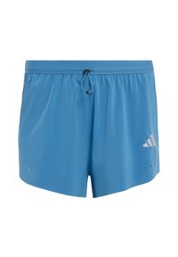 Pantalones cortos deportivos azules hechos de material ligero, con una cintura elástica ajustable con cordón y un detalle de logo blanco en el lateral.