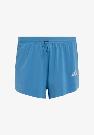 Modré športové šortky z ľahkého materiálu, s elastickým pásom so sťahovacou šnúrkou a bielym logom na boku.